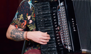 Fotografia ilustrativa de um acordeonista utilizando Oitavador e microfonia com os captadores FX/FS