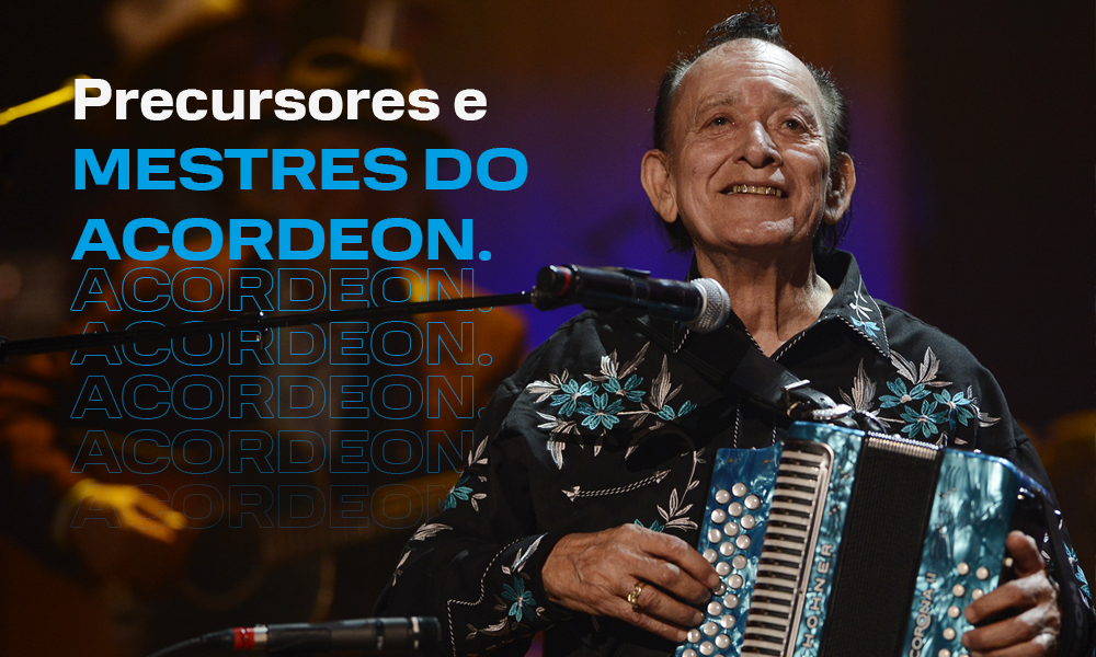 Fotorgrafia histórica ilustrativa com texto: Precursores e mestres do acordeon. captação para acordeon Tex-Mex