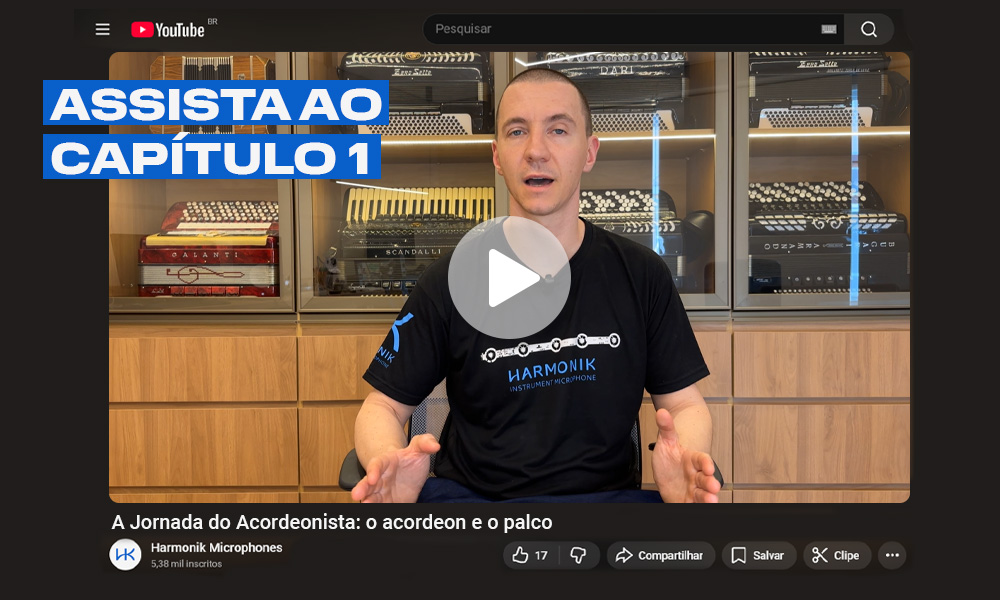 Printscreen do canal do youtube da Harmonik Microphones mostrando o vídeo com título: jornada do acordeonista: o acordeon e o palco.